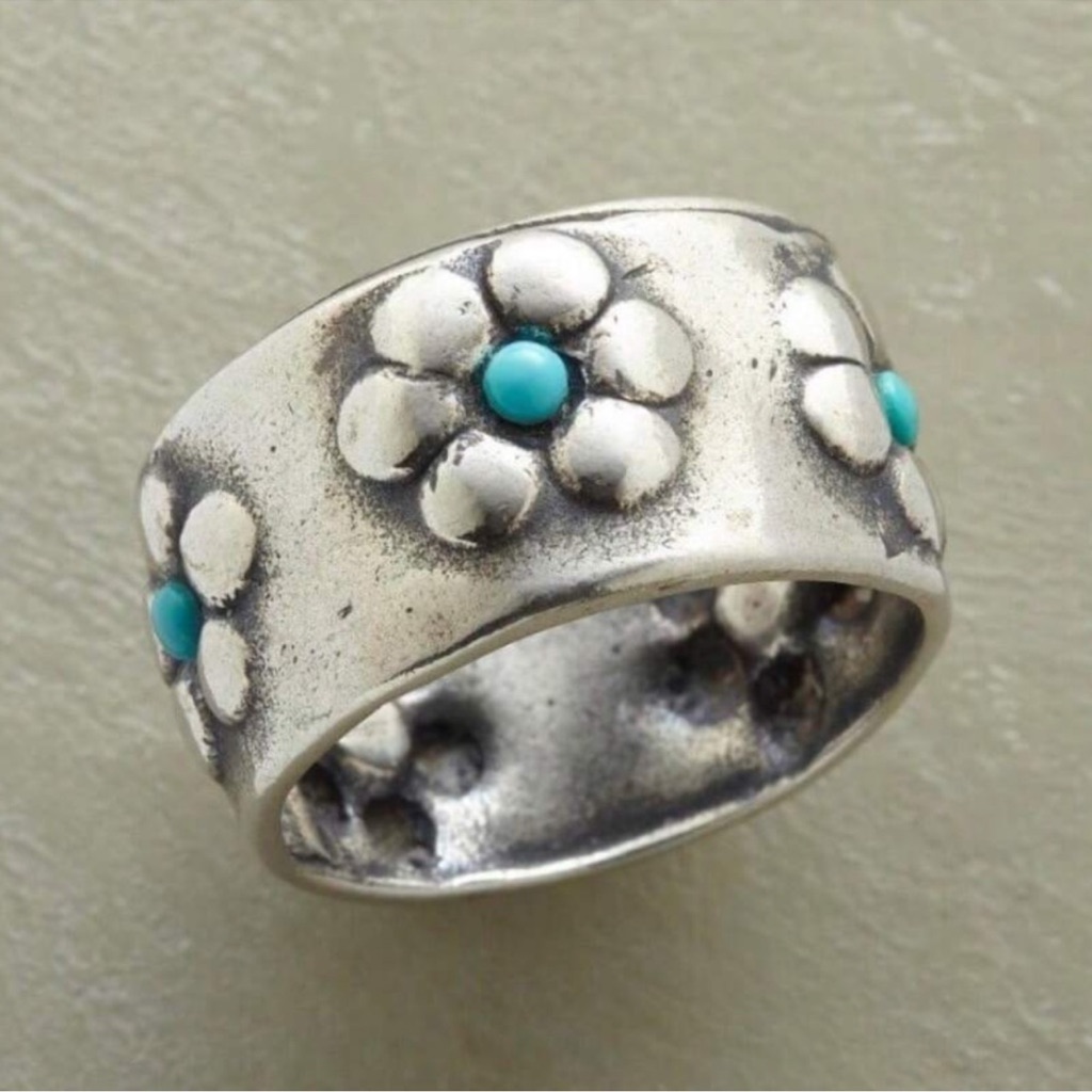 Silver Plated Vintage Look Turquoise Flowers Ring 5 6 7 8 9 10 11 12